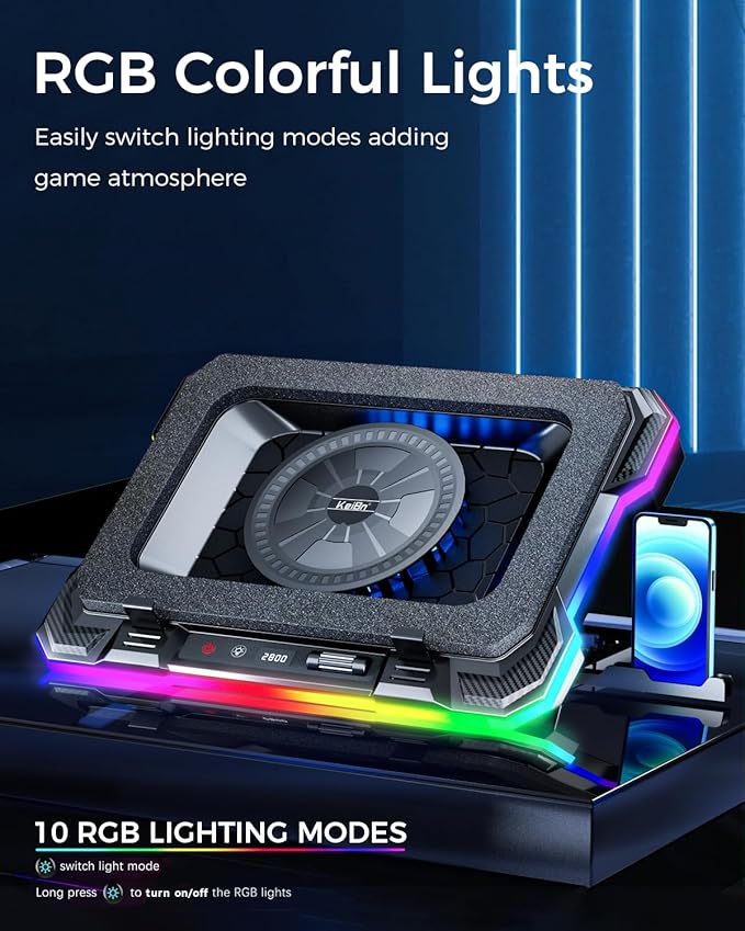 KeiBn 9 Fans &amp 5.5inch Powerful Cooling Fan Free Height Adjustment 10 RGB Lights Phone Stand-Blue