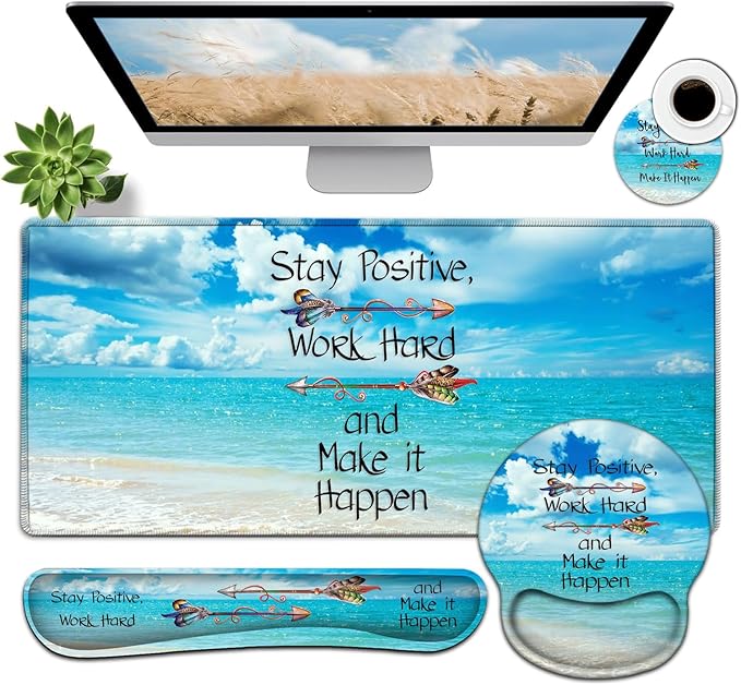 Large Mouse Pad Ergonomic Mouse Pad with Wrist Rest and Keyboard Wrist Rest 4 in 1 Set 31.5 x11.8 inch Extended Desk Pad for Home Office Stay Positive Work Hard and Blue Sky Ocean Gaming Mouse Mat