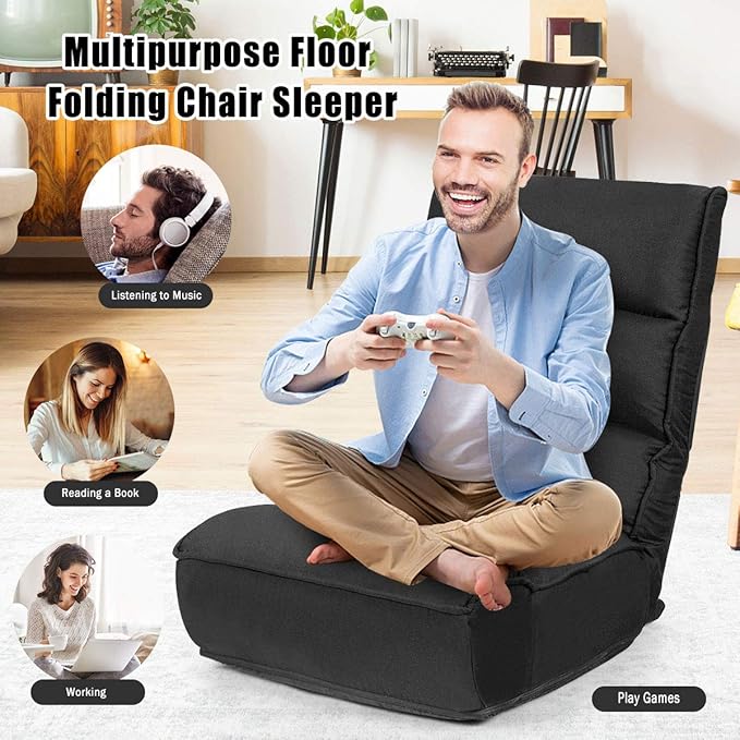 DORTALA Foldable Floor Chair for Adults Memory Foam Gaming Chair w/ 5-Position Adjustable Head and Back Support Indoor Seat for Bedroom Living Room Gaming Room Black