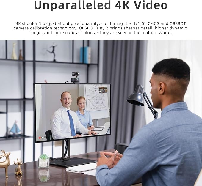 OBSBOT Tiny 2 AI-Powered PTZ 4K Webcam 1/1.5 CMOS 4X Faster Focusing USB 3.0 10x Faster Data Transmission Voice Control W Cleaning Cloth