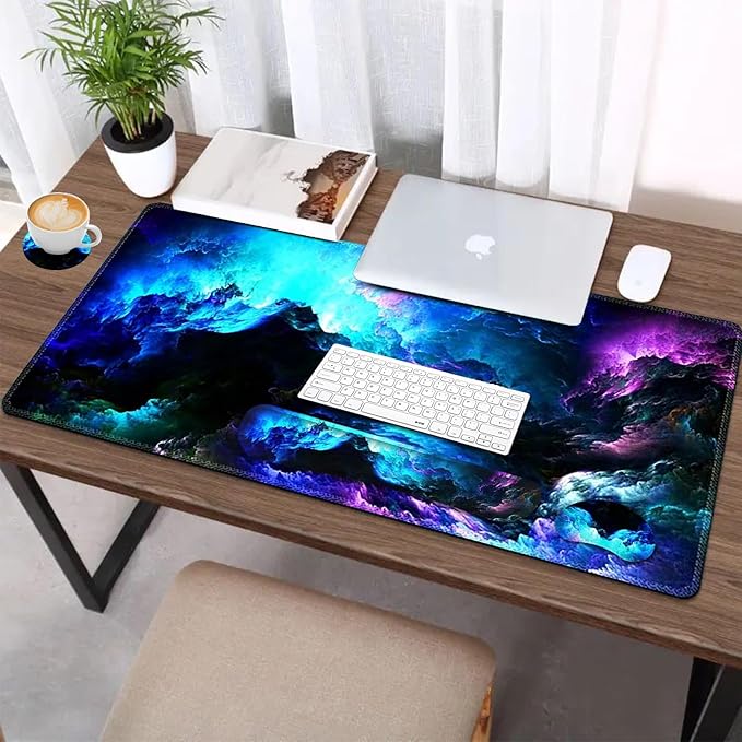 AIMSA Keyboard Mouse Pad Wrist Rest Set Extended Desk Mat+ Ergonomic Mouse Pad with Wrist Rest+ Keyboard Wrist Support+ Coaster 35x15.7in Large Mousepad for Home Office Nebula Galaxy