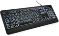 Large Print Backlit Keyboard USB Wired Computer Keyboard Full Size Keyboard with White Illuminated LED Compatible for Windows Desktop Laptop PC Gaming Black