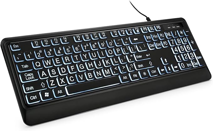 Large Print Backlit Keyboard USB Wired Computer Keyboard Full Size Keyboard with White Illuminated LED Compatible for Windows Desktop Laptop PC Gaming Black