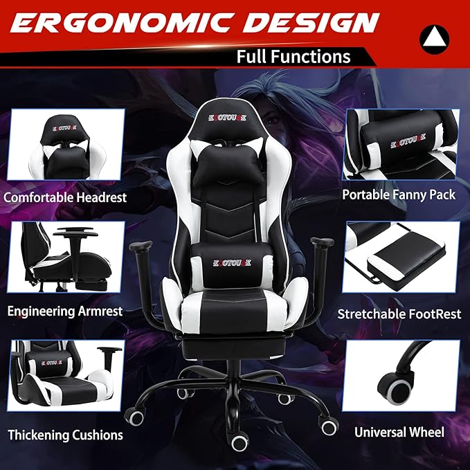 Massage Gaming Chair w/Footrest Video Racing Chair PC High Back Desk Computer Chair PU Leather Recliner w/Headrest and Lumbar Pillow White