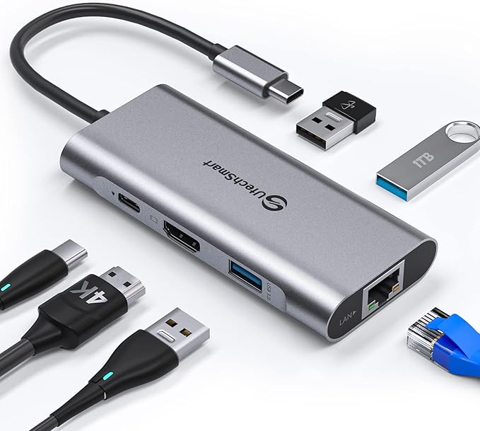UtechSmart USB C Hub USB C Ethernet Multiport Adapter 6 In 1 USB C to HDMI Dock Compatible for Macbook Pro/Air Chromebook Dell XPS HP and Type C Devices (Gigabit Ethernet 100W PD 4K HDMI USB 3.0)