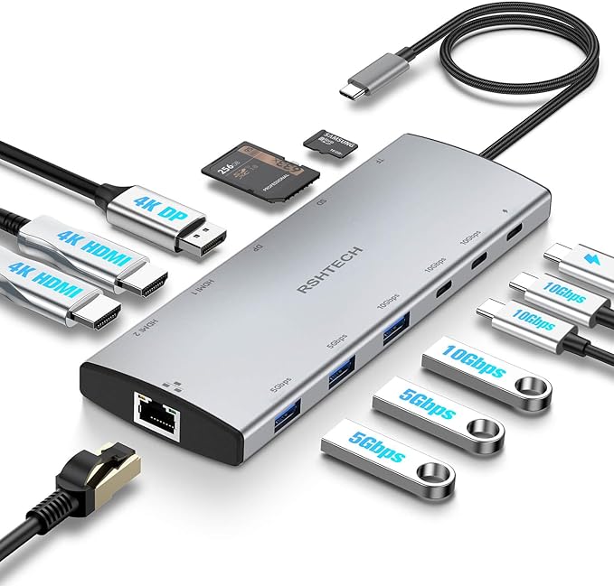 RSHTECH USB C Hub Docking Station Dual Monitor 12 in 1 Triple Display Multiport Adapter with 2 HDMI 4K DP 3 USB 3.2 10Gbps 2 USB 3.0 Ports 100W PD Gigabit Ethernet SD/TF for MacBook Laptops