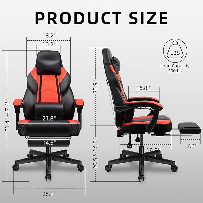 Shintenchi Gaming Chair with Footrest Massage Lumbar Support Height Adjustment and 360° Swivel Seat. Ergonomic Design for Gaming