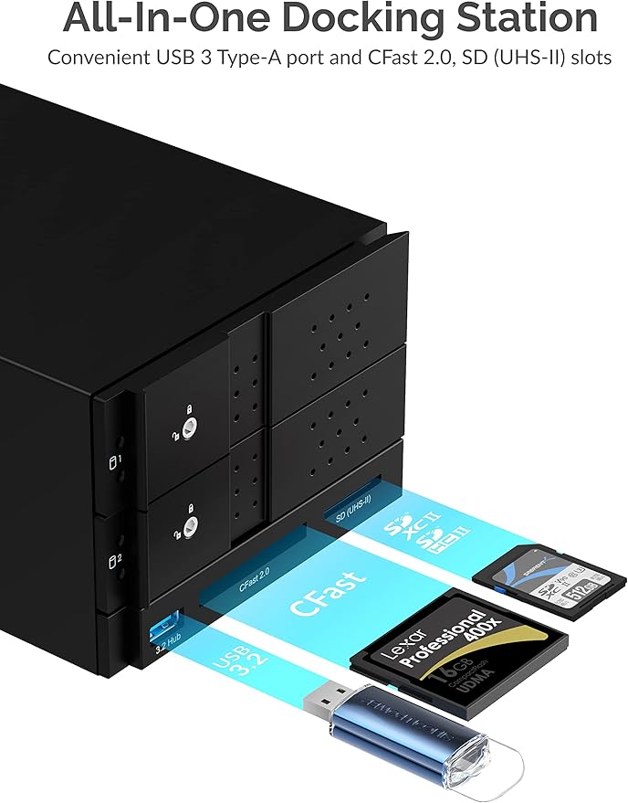 SABRENT USB Type C to Dual 3.5” SATA and RAID Docking Station with CFast/SD Card Readers and USB Type A Port (DS-2BCR)