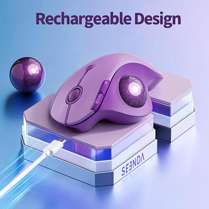 seenda Wireless Trackball Mouse Bluetooth - Ergonomic Rollerball Mouse Rechargeable 3 Device Connection Optical Mice Adjustable DPI Thumb Control Mice Compatible for Mac/Android/Windows - Purple
