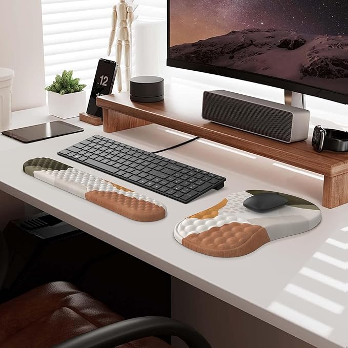 HAOCOO Ergonomic Mouse Pad with Wrist Rest and Keyboard Wrist Rest 3 PCS Computer Carpal Tunnel Mouse Pads for Desk with Coaster Set Memory Foam Keyboard Wrist Support for Laptop Office Boho Beige