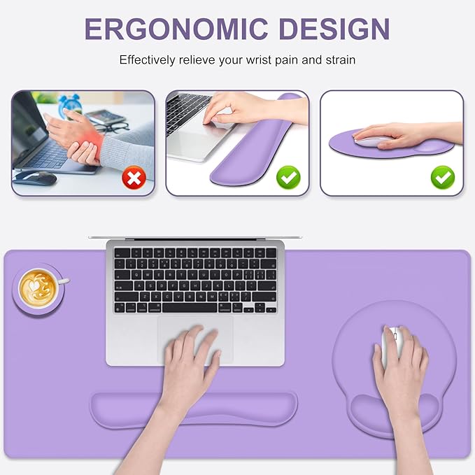 Mouse Pad Desk Pad Protector Keyboard Wrist Rest + Mouse Pad Wrist Rest +Coaster Large Gaming Mouse Pad for Deskpc Computer Keyboard Laptop XXL Desk Mat Writing Pad for Office and Home Purple