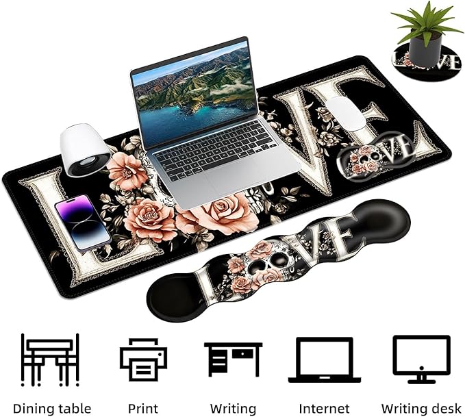 Keyboard Mouse Pad Set Extended Gaming Mouse Pad+Ergonomics Keyboard Wrist Rest Support Memory Foam Easy Typing Pain Relief 4Pcs XL Ultra Thick Desk MatSkull Pink Roses Love Design