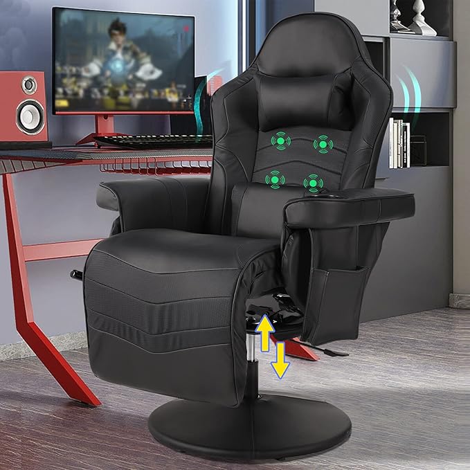 LVUYOYO Reclining Gaming Chair Gaming Chair with Footrest and Massage High Back PU Leather Gaming Recliner w/Adjustable Height Swivel Game Chair with Lumbar Support Cup Holder Headrest