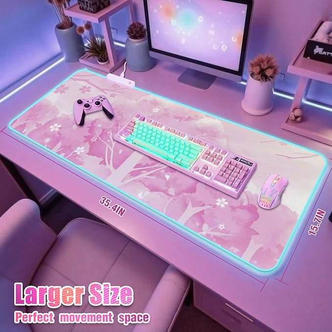 RGB Mouse Pad for Gaming I Large Mousepad with 14 Led Modes I Keyboard Pad Gaming Desk Mat I Non-Slip Rubber Base Mouse Mat I 900x400x4mm Waterproof Mousepad for Women Girl Gamer I Light Pink