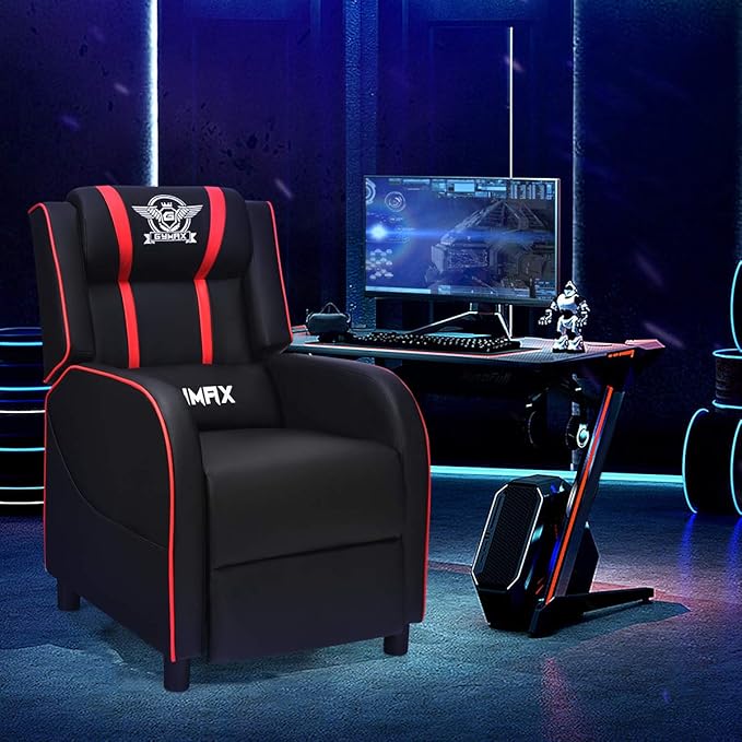Gaming Recliner Movie Theater Chair w/Adjustable Backrest &amp Footrest Massage Lumbar Pillow Racing Single Sofa PU Leather Reclining Chair for Gaming Room Home Theater (Red)