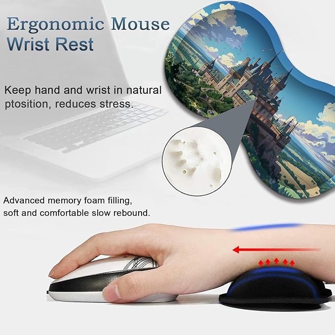 Large Gaming Mouse Pad + Wrist Rest + Lace Coaster Non-Slip Set with Sewn Edges and Waterproof Expandable Desktop Pad Suitable for Office/Home Castle in Forest