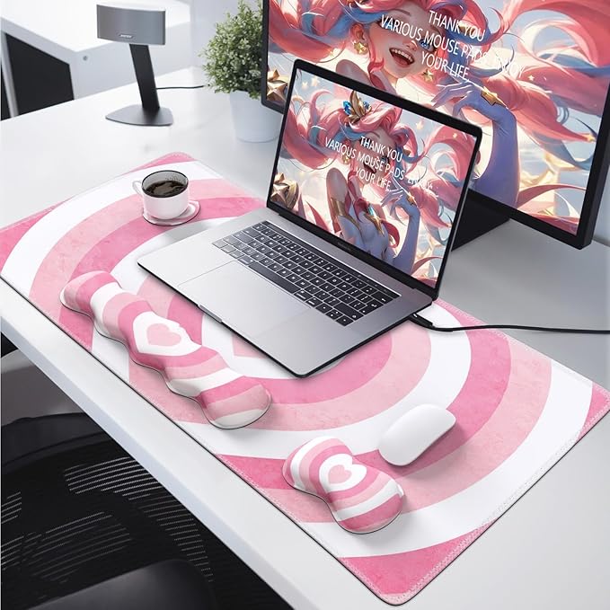 iLeadon Keyboard Mouse Pad Set Large Gaming Mouse Pad + Keyboard Wrist Rest + Mouse Pad with Wrist Support + Coaster Easy Typing Pain Relief Desk Mat Set Valentines Day present for Her Pink Heart