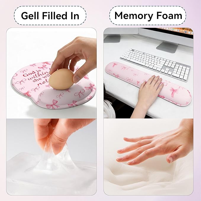 Desk Mat Set + Keyboard and Mouse Pad with Wrist Rest Support4-in-1 Large Mousepad Computer Mats for Desktop Home &amp Office-Pink Bowtie