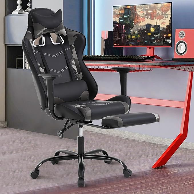 Office Gaming Chair Pu Leather Comfortable Gaming Chair for Adults Gamin Chair with Headrest &amp Lumbar Support Office Chair with Foot Rest &amp Armrest Height Adjustable Computer Chair(Camo)