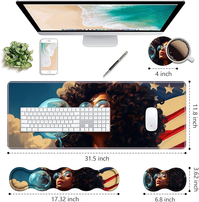 Ergonomic Keyboard Wrist Rest &amp Mouse Pad Wrist Rest Set Large XXL Gaming Desk Mat 31.5x 11.8 with Non-Slip Base Memory Foam Easy Typing Pain Relief for Home &amp Office African American Gi