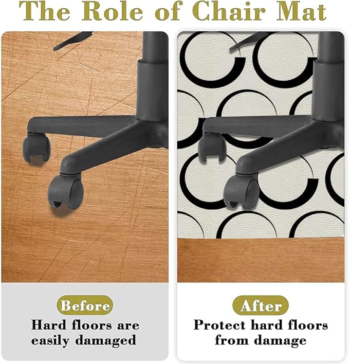 Black White PU Leather Chair Mat Hard Floor Protecting Circles Brush Geometric Circles Noise Cancelling with Anti Slip Rubber Multi-Purpose Floor Mat for Bedroom Abstract Diameter 39.4 in