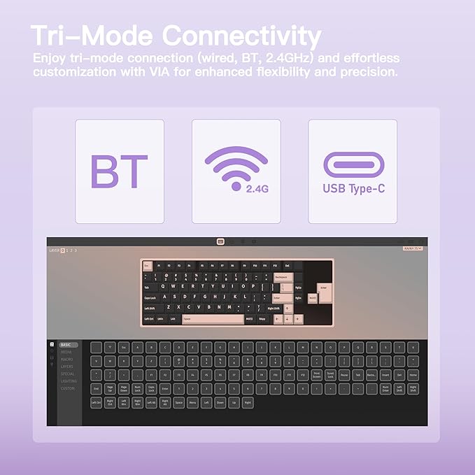 KEEBMONKEY WOBKEY Rainy 75 CNC Aluminum HMX/JWK/Cocoa Switches Triple-Mode Connectivity Mechanical Keyboard with Superior Acoustics RGB/FR4/Silver SUS304/7000mAh/Cocoa Switch (Pro - Purple)