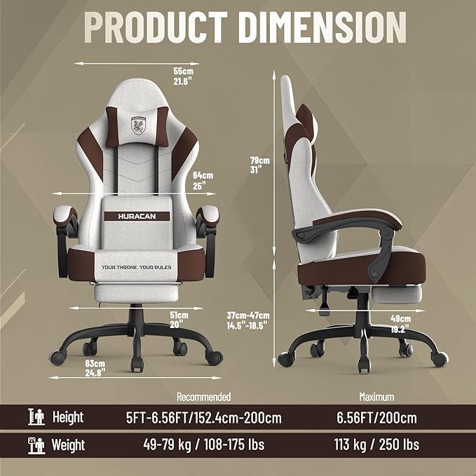Ferghana Cotton Fabric Gaming Chair with Wider Seat Cushion Shield-Shaped Embroidery Ergonomic High Back Game Chair with Footrest Computer Chair with Massage Lumbar Support for Adult Brown