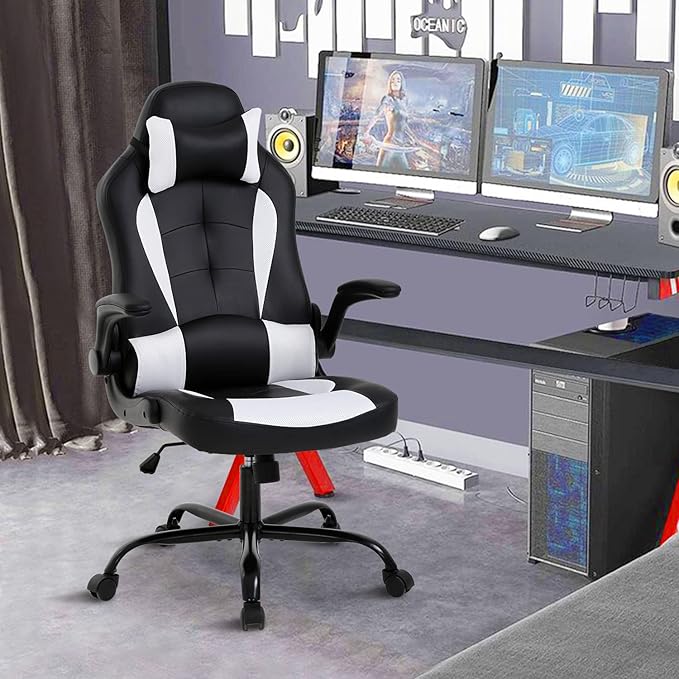 White Gaming Desk Chair PC Gaming Chair Gamer Chair Comftorable Ergonomic PU Leather Computer Office Chair with Lumbar Support Flip Up Arms High Back Executive Gaming Stuff for Girl Kids Adults