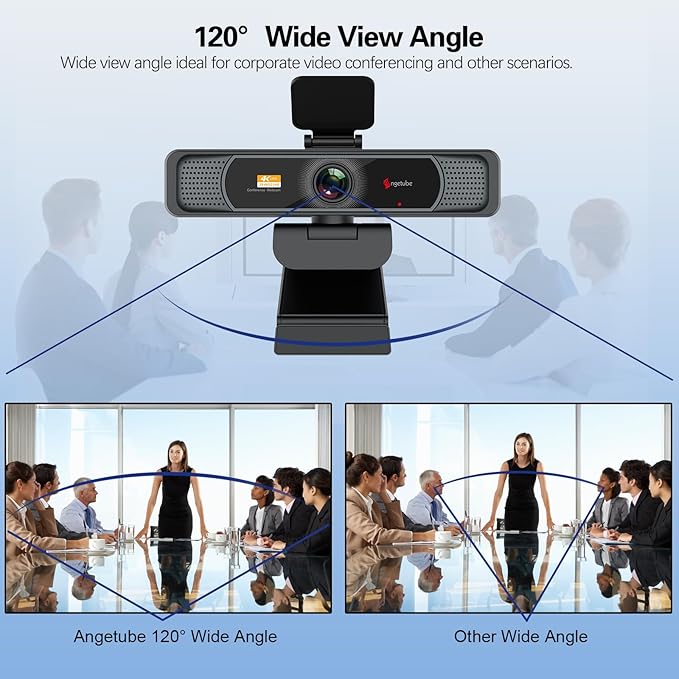 Angetube Wide Angle 4K Webcam for PC - 120° FOV PDAF Autofocus 2 Noise-Cancelling Mics 1080P@60FPS Auto Light Correction USB-A/C Privacy Cover Video Conference Camera for Mac Laptop and Desktop