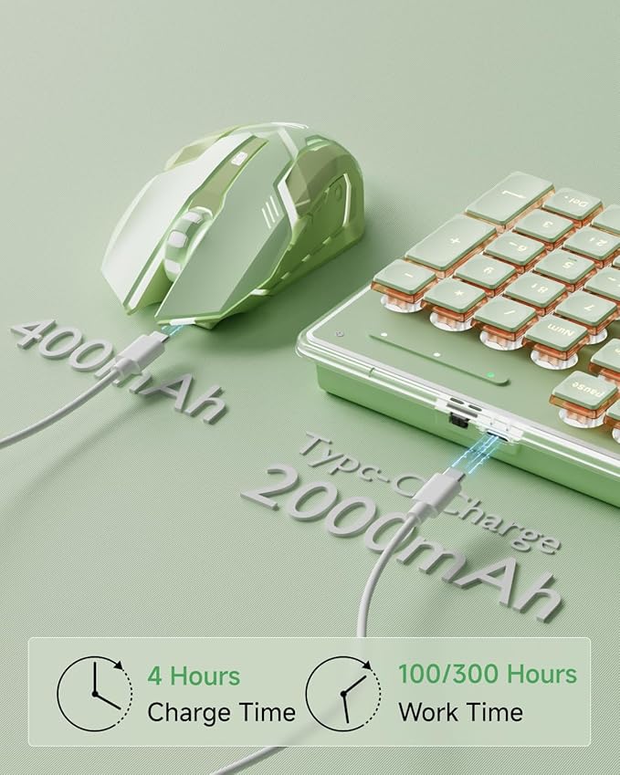 V3 Wireless Keyboard and Mouse with Single Backlit Metal Panel Bluetooth/2.4G Rechargeable Silent Keyboard and Mouse Combo Light up Full Size Cute Keyboards-Green
