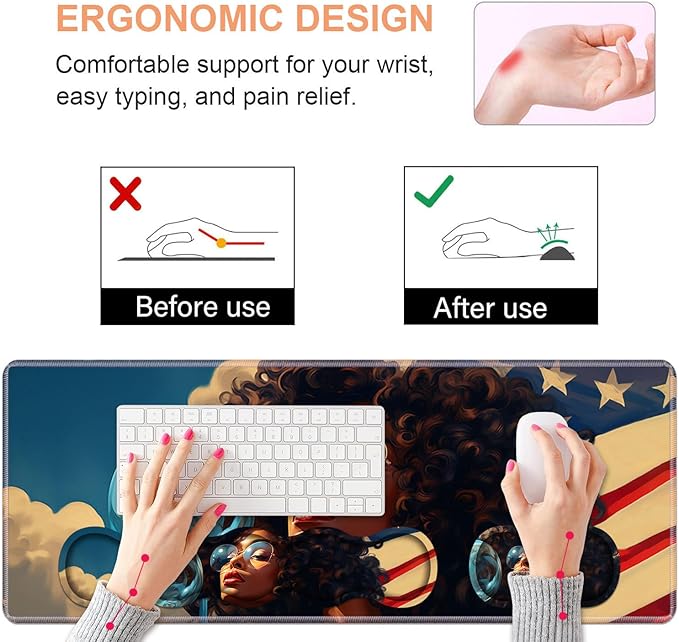 Ergonomic Keyboard Wrist Rest &amp Mouse Pad Wrist Rest Set Large XXL Gaming Desk Mat 31.5x 11.8 with Non-Slip Base Memory Foam Easy Typing Pain Relief for Home &amp Office African American Gi