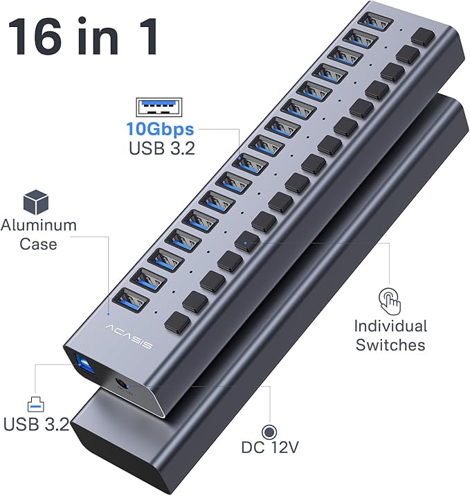 Powered USB 3.2 Hub ACASIS 16 Ports USB 3.2 Hub with 10Gbps Data SpeedAluminum Housing USB Hub Powered with 96W Power Adapter USB Hub for PC/Laptop Computer Flash Drive Printer Camera