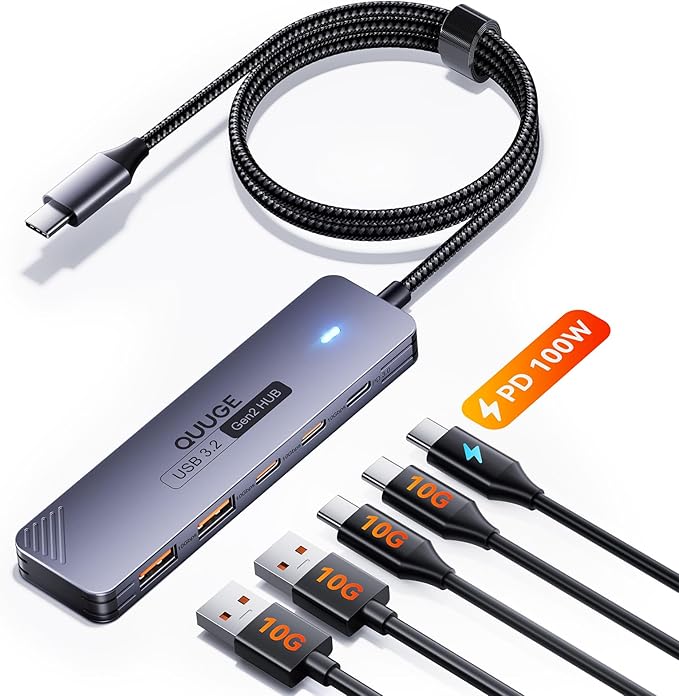 USB C Hub 10Gbps QUUGE 5-in-1 USB Splitter with 2 USB-A &amp 2 USB-C 3.2 and PD 100W Fast Transfer Aluminum Type-C Multiport Adapter with 100cm Nylon Cable for MacBook Air/Pro iPad Surface Pro X