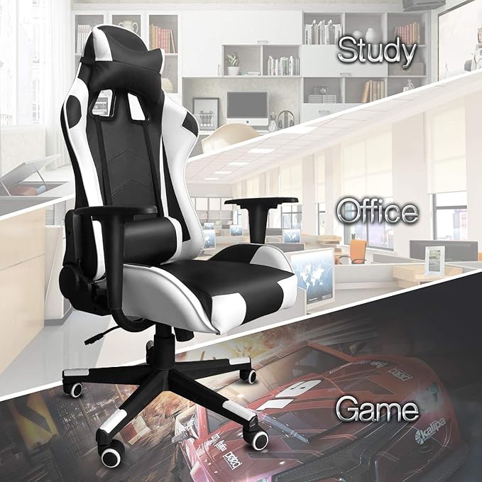 Modern-Depo Gaming Chair with Headrest and Lumbar Support Height Adjustable Swivel Office Chair High-Back Recliner White