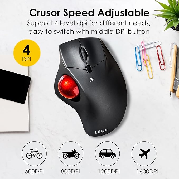 SANWA Bluetooth Wireless Ergonomic Trackball Mouse Optical Rollerball Mice Programmable Silent Buttons 40mm Trackball 600/800/1200/1600 DPI Compatible with MacBook Laptop Windows macOS