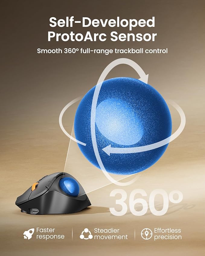 ProtoArc Wireless Bluetooth Trackball Mouse EM02 Two Adjustable Angle Ergonomic Rechargeable Computer Ball Mouse 3 Device Connection Thumb Control and Smooth Tracking for Laptop PC Mac-Blue