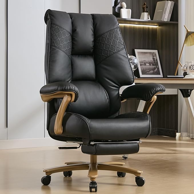 Big and Tall Executive Office Chair with Footrest 400LBS Capacity Ergonomic High-Back Desk Office Chair with Lumbar Support Padded Armrests &amp Thick Cushion Black PU Leather Chairs