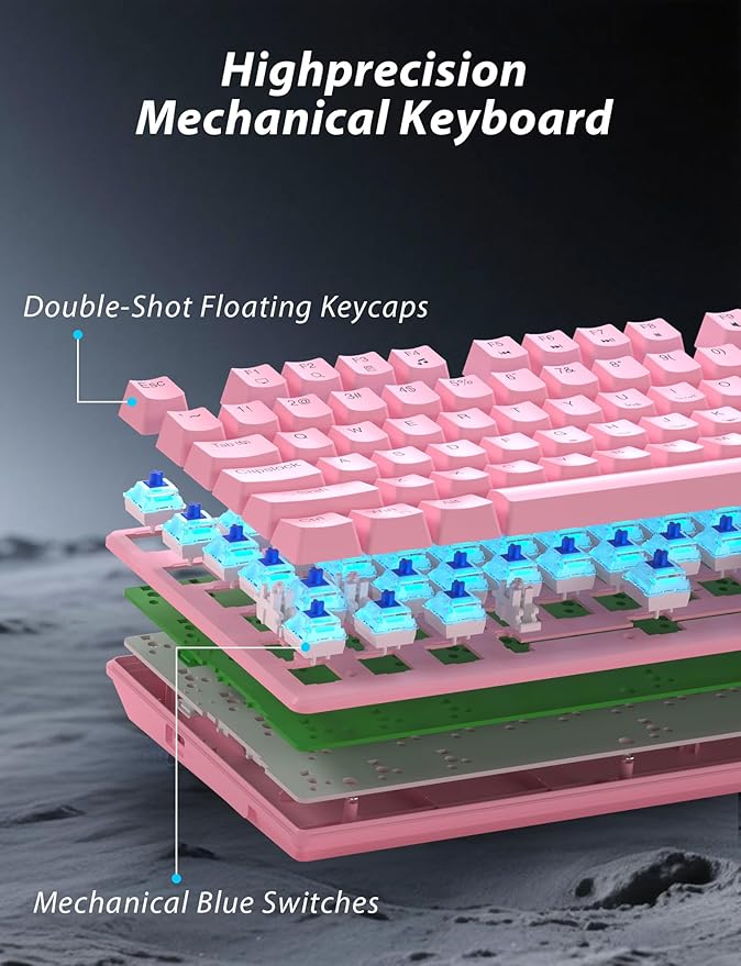 Wireless Mechanical Gaming Keyboard and Mouse Combo 98 Keys RGB Backlit Rechargeable 2000mAh Battery 3-Mode BT5.0/2.4G/USB-C (Pink)