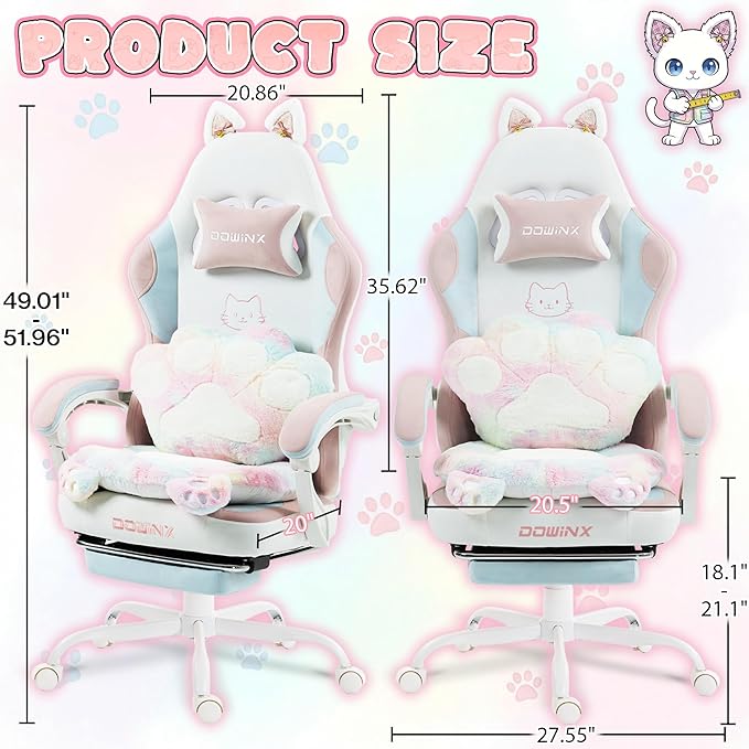Dowinx Gaming Chair with Cat Ears and Paw Lumbar Pillow Ergonomic Reclining Chair Memory Foam and Spring Cushion Footrest 300lbs Capacity Cute and Comfortable Design for Women &amp Girls