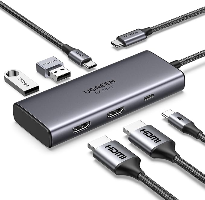UGREEN Docking Station Revodok 206 USB C Hub (6-in-1) with Dual 4K@60Hz Single 8K@30Hz 100W Power Delivery 3X 5Gbps USB Data Ports USB-C Dock for Thinkpad HP Dell Laptops and More