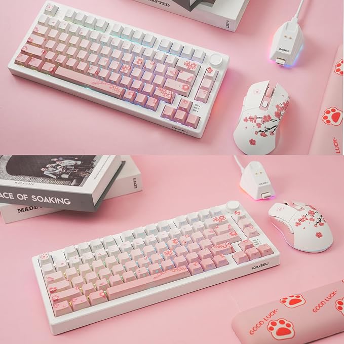 DAREU EK75PRO Sakura Pink Wireless Mechanical Gaming Keyboard and Wireless Gaming Mouse with Charging Dock Combo(HiFi Dream Switch)