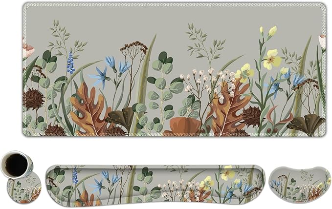 Keyboard Mouse Pad Set Extended Gaming Mouse Pad +Keyboard Wrist Support +Mouse Wrist Rest +Coaster 35.4x15.7 in XXL Large Ergonomic Desk Mat 4in1 Set for Home Office Plant Flowers