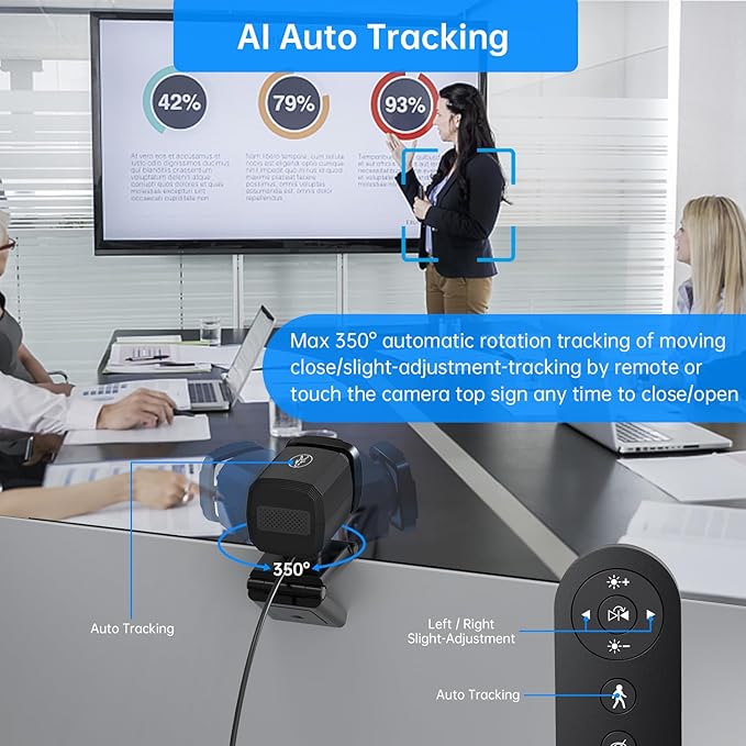 Auto Tracking Webcam: Full 1080P HD Computer Camera with Built-in 2 Microphones Remote Control Privacy Shutter WDR 73° View External USB Web Cam for Desktop PC Laptop