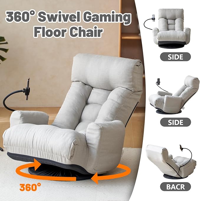 360° Swivel Gaming Floor Chair 5 Position Adjustable Folding Sofa Chair with Armrests &amp Phone Holder Cushion Padded Indoor Chaise Lounge for Adults Home Office Floor Leisure Chairs Grey