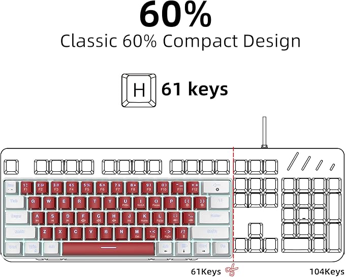 Snpurdiri Wired 60% Mechanical Gaming Keyboard White LED Backlit Ultra-Compact Small Office Keyboard for Windows Laptop PC Mac (White-Red Red Switches)