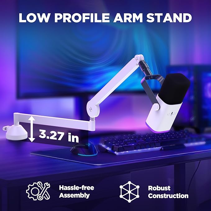 InnoGear Low Profile Mic Arm 360° Rotatable Microphone Boom Arm Mic Stand for Fifine AM8 K669B Blue Yeti HyperX QuadCast SoloCast AT2020 with Mic Clip 3/8 to 5/8 3/8 to 1/4 Adapter White