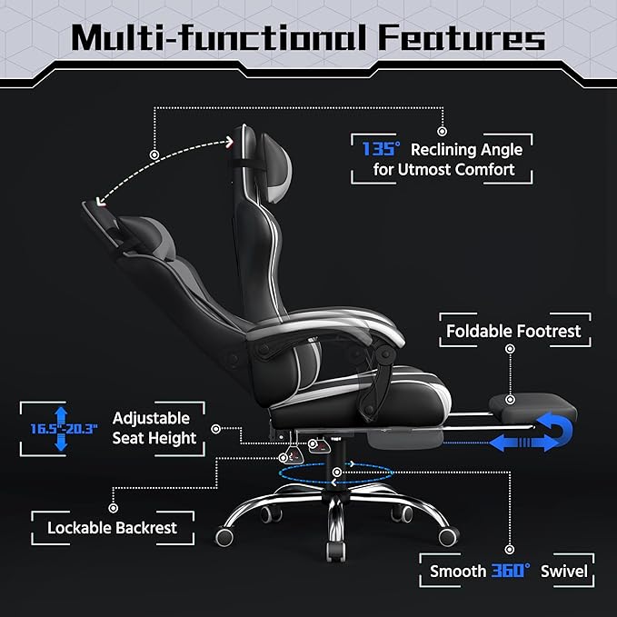 Yaheetech Gaming Chair Video Game Chair with Massage Lumbar Support and Footrest Height Adjustable Ergonomic Computer Gaming Chair with Swivel Seat and Headrest Black/White