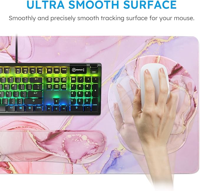 iCasso Desk Mat Gaming Mouse Pad Wrist Support Set4in1 XXL Large Mousepad + Keyboard Wrist Rest+Mouse Wrist Rest+Coaster Set with Ergonomic Design for Home Office Table Computer-Glitter Marble