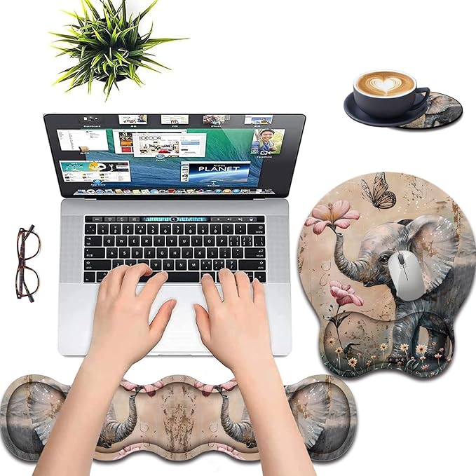 Keyboard Wrist Support + Wrist Mousepad + Coaster Combination Non-Slip PU Base with Gel Memory Mousepad Suitable for Gaming Office Pain Relief Mousepad Set - Cute Little Elephant Flower