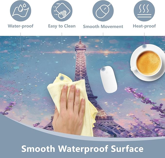 Mouse Pad Desk Mat Leather Desk Pad Large Gaming Desk Cover Protector Mat for Keyboard Computer Laptop Office Waterproof 35.4 x 16.5 Inch Lavender Eiffel Tower Purple
